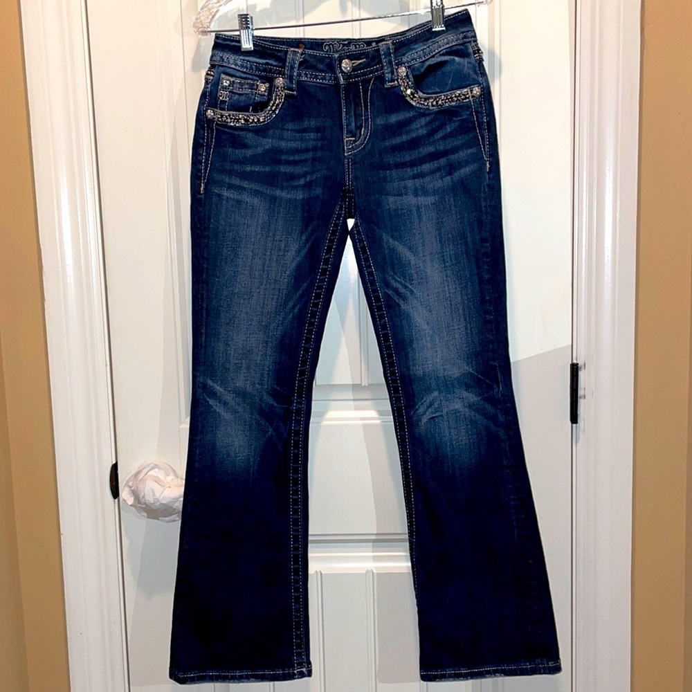 MISS ME 27 Signature Boot-cut distressed 5 Pocket Jeans Low Rise Factory Fading - Picture 16 of 16